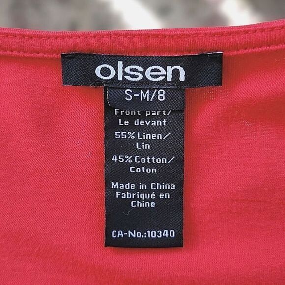 Olsen red linen blend crochet detail v-neck short sleeve t-shirt - Picture 3 of 12